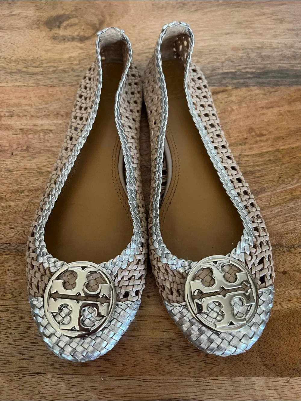 Tory Burch Chelsea Beige/Silver Woven Leather Ballet Flats Size 9M